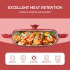 The enamel cast iron soup pot features a circular shower-style lid design and is suitable for various tools, such as ceramic, gas